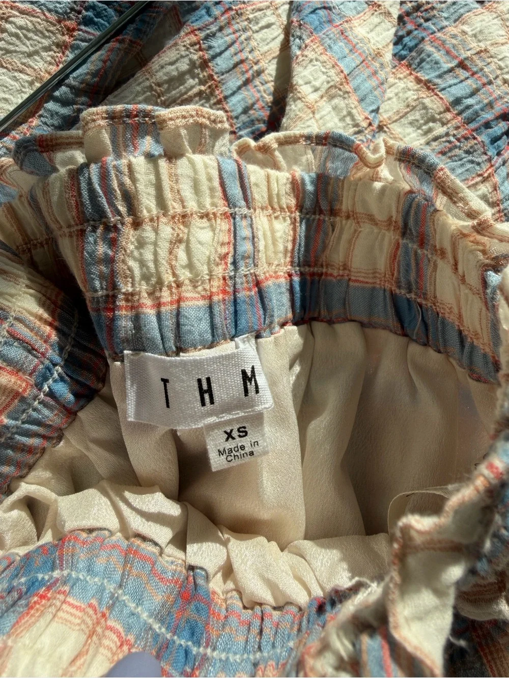 Plaid Puff-Sleeve shirt and skirt in Soft Blue and Cream
